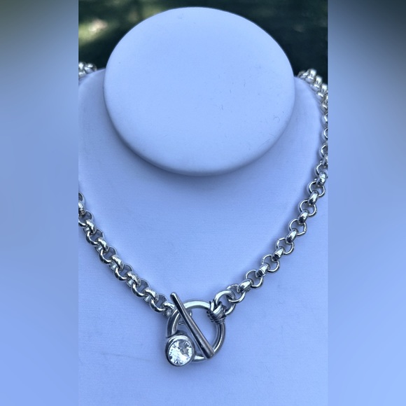 Silver Rolo $DROP✅Necklace Choker W Swarovski Toggle Elegant Casual 16" - Picture 3 of 7